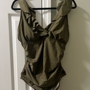 Womens swimsuit -hunter green, ruffle trim, XL